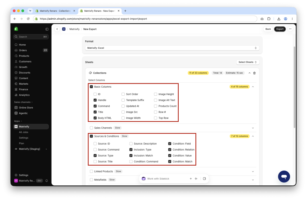 Matrixify Export of Shopify Collections with Sources and Conditions columns selected
