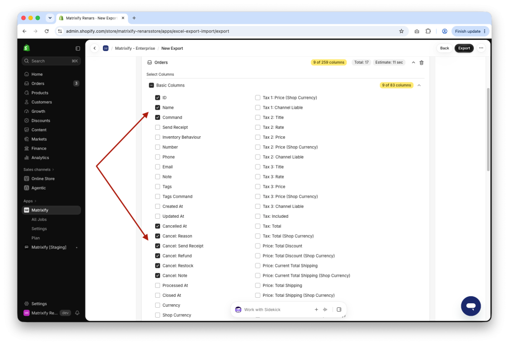 Matrixify Export of Shopify Orders with only the columns needed to bulk cancel Orders