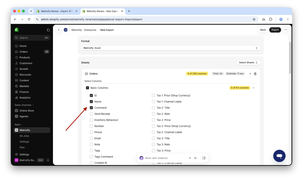Matrixify Export of Shopify Orders with only ID, Name and Command columns selected to bulk add Line Items