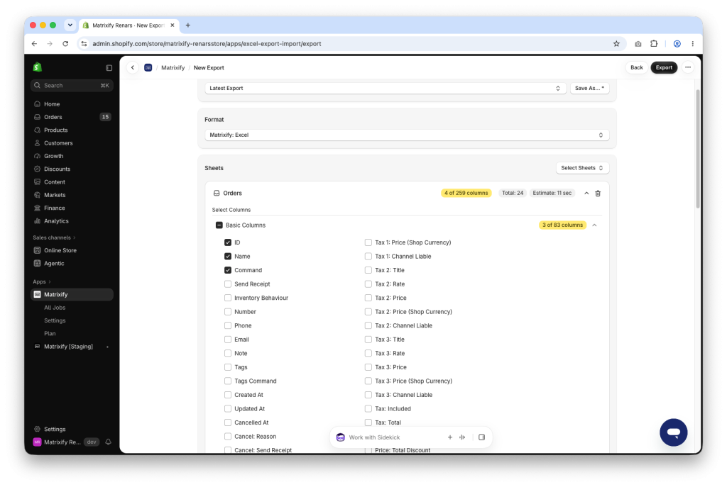 Matrixify Export of Shopify Orders with only the columns needed to remove Line Items selected basic columns