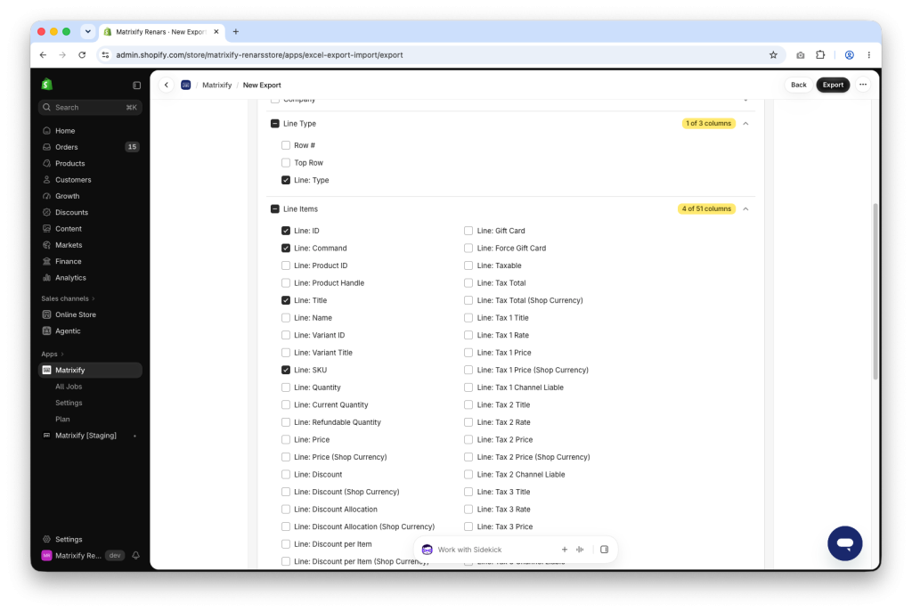 Matrixify Export of Shopify Orders with only the columns needed to remove Line Items selected Line Item columns