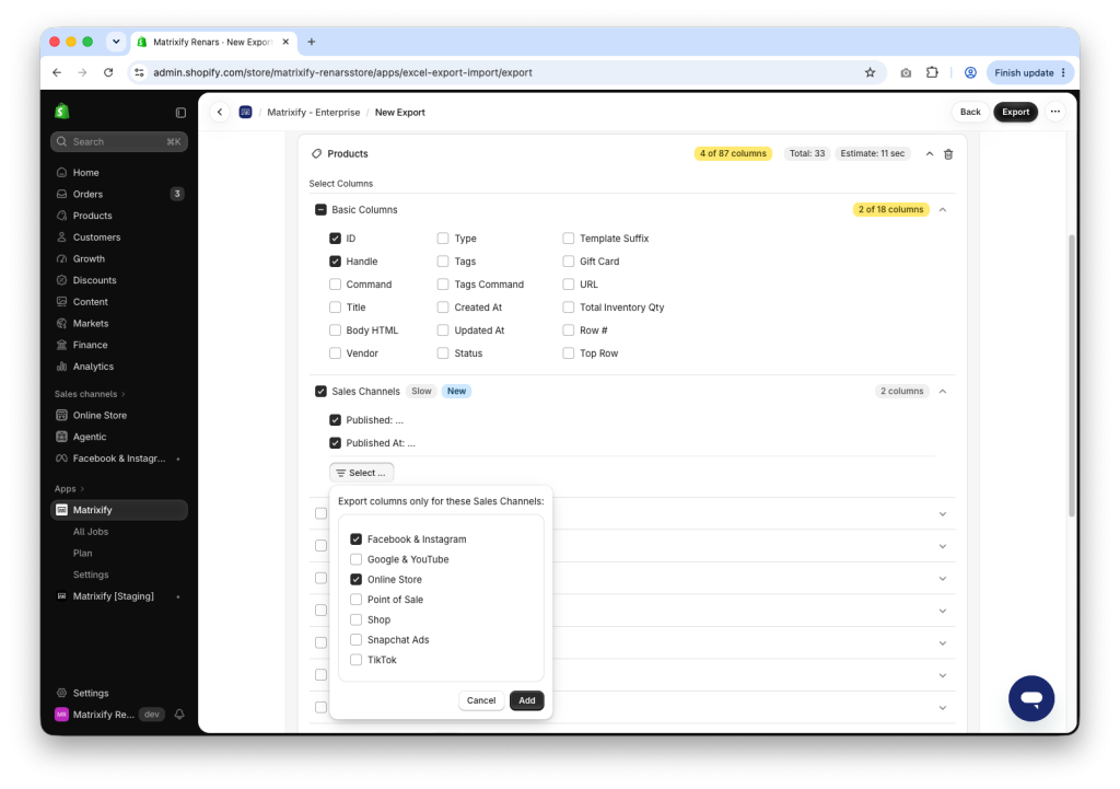 Matrixify Export of Shopify Products with Published columns for selected sales channels