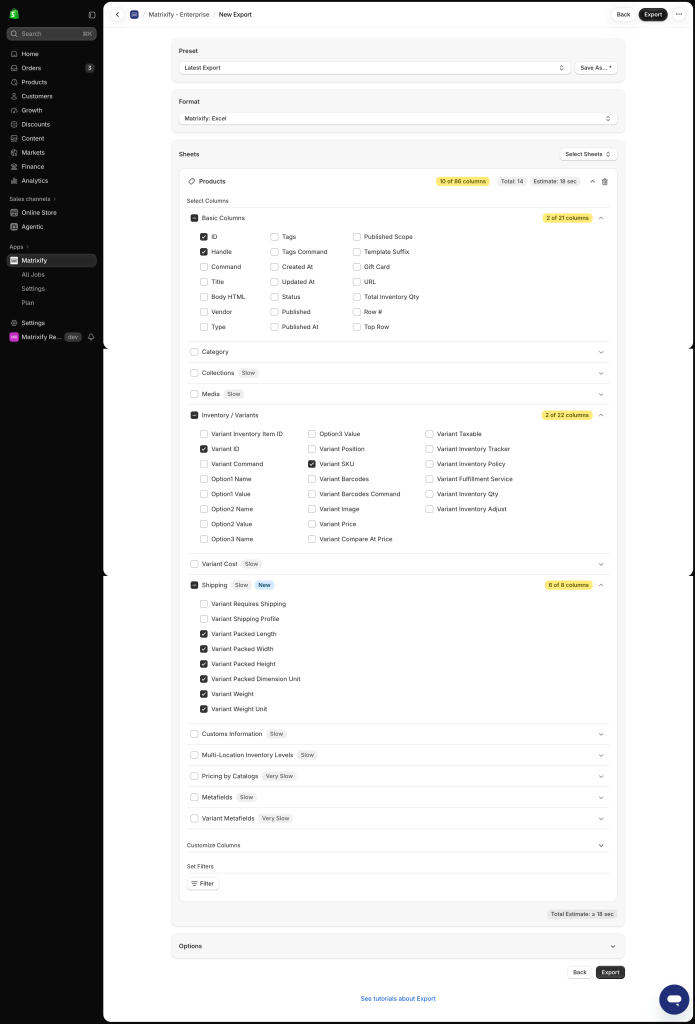 Matrixify Export of Shopify Products with weight and packed dimensions columns to bulk edit