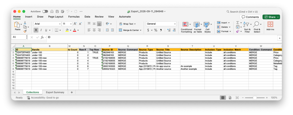 Shopify Collections exported to Excel with Matrixify showing Sources, Conditions and Linked Products rows