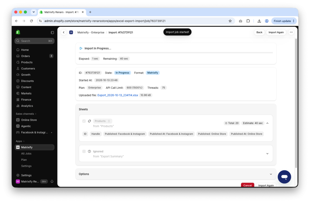 Matrixify Import of Shopify Products file to bulk update sales channels