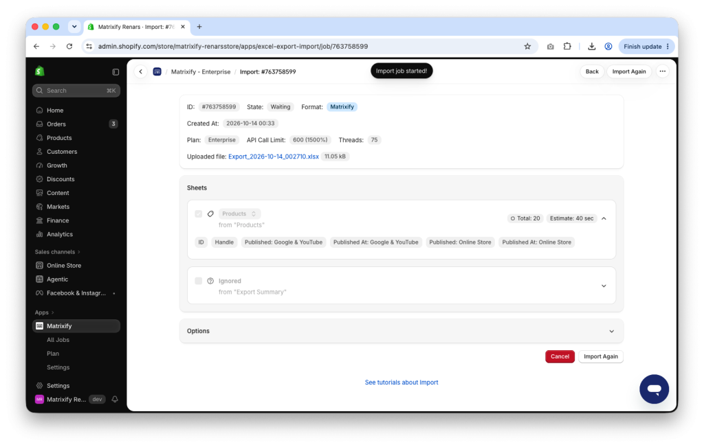 Matrixify Import to schedule Shopify Products publishing in bulk