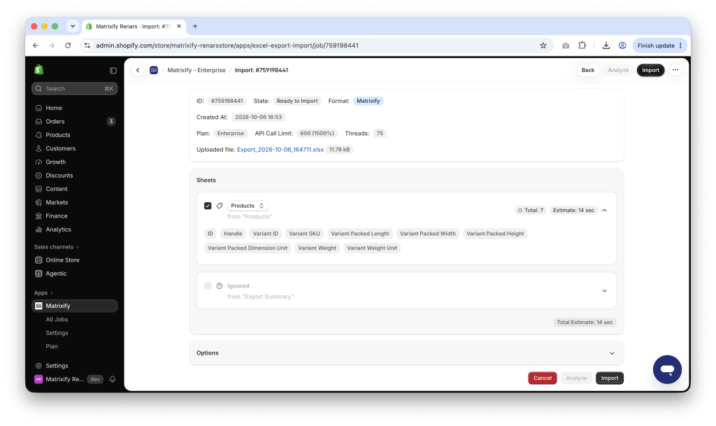 Matrixify Import of Shopify Products file to bulk update weight and packed dimensions