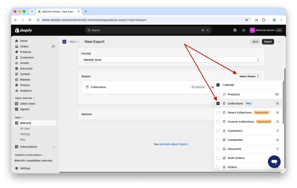 Matrixify New Export page with the Collections sheet selected to export Shopify Collections to Excel