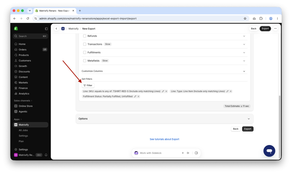 Matrixify Shopify Orders Export filter by Line Item SKU with Include only matching Lines to bulk remove Line Items