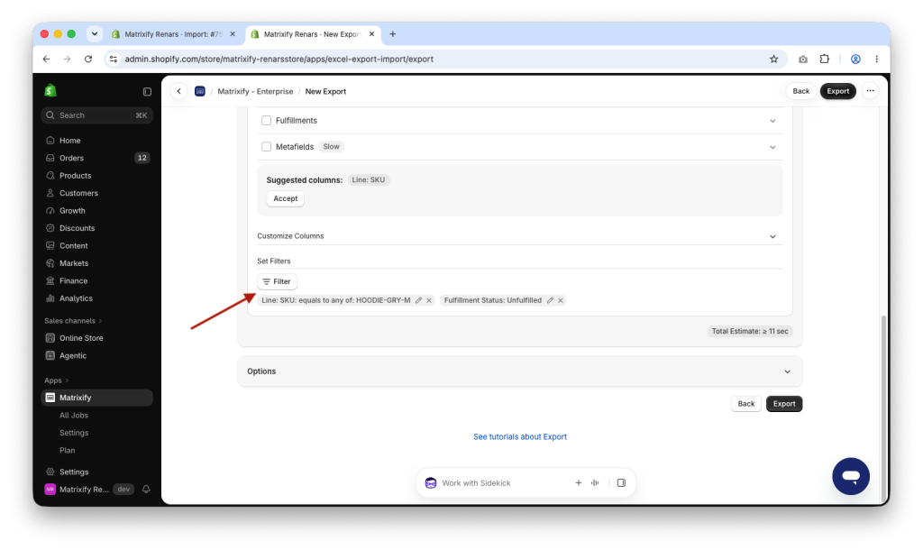 Matrixify Shopify Orders Export filter by Line Item SKU and Fulfillment Status to bulk add Line Items