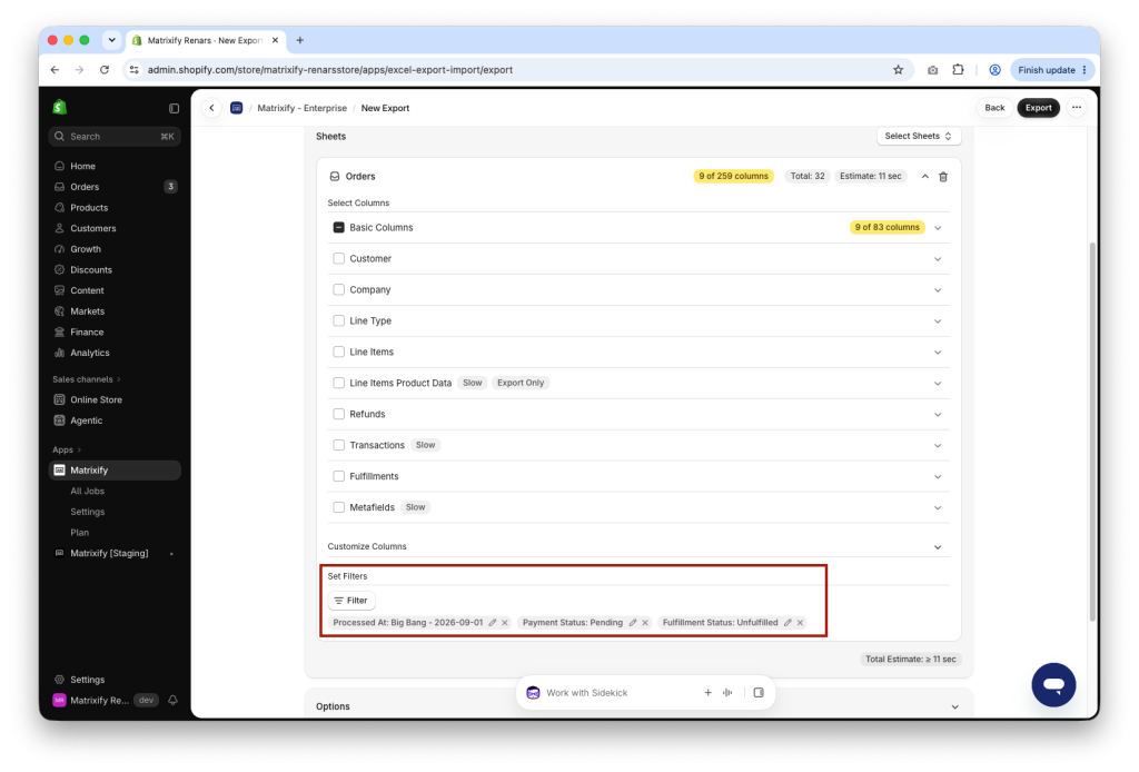 Matrixify Shopify Orders Export filter for unpaid unfulfilled Orders to bulk cancel