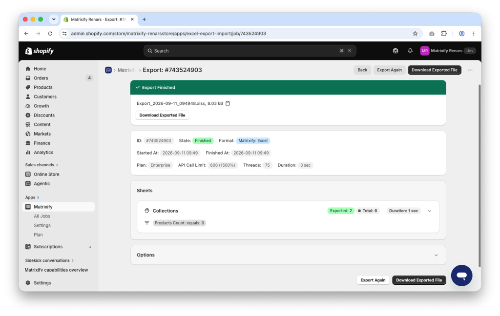 Finished Matrixify export of Shopify Collections with the Download Exported File button