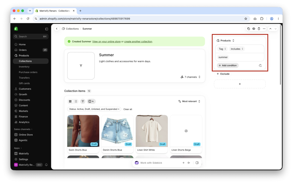 Shopify Admin automated Collection with a Product Tag condition in the Products source