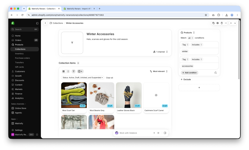 Imported Shopify Collection by Product Tag with two Tag conditions in the Shopify Admin