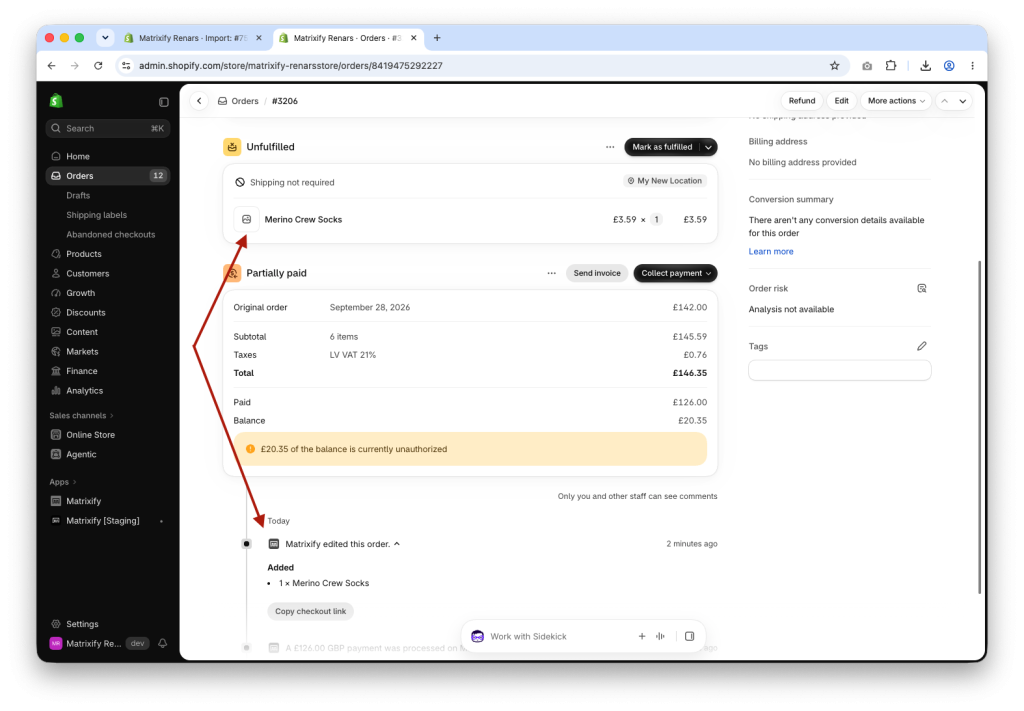 Shopify Admin Order with a Line Item added in bulk with Matrixify