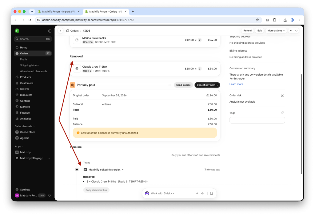 Shopify Admin Order with Line Item shown as Removed after bulk removing Line Items with Matrixify