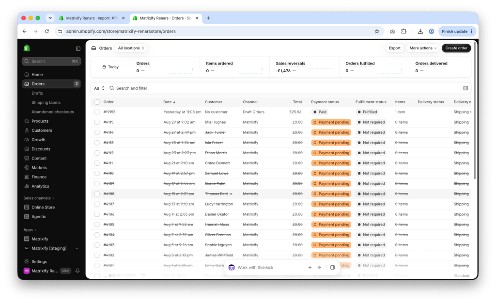 Shopify Admin Orders list with Orders cancelled in bulk with Matrixify