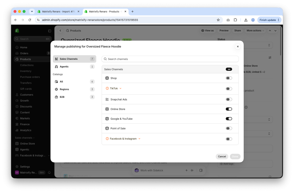 Shopify Admin Product Publishing section with sales channels updated in bulk