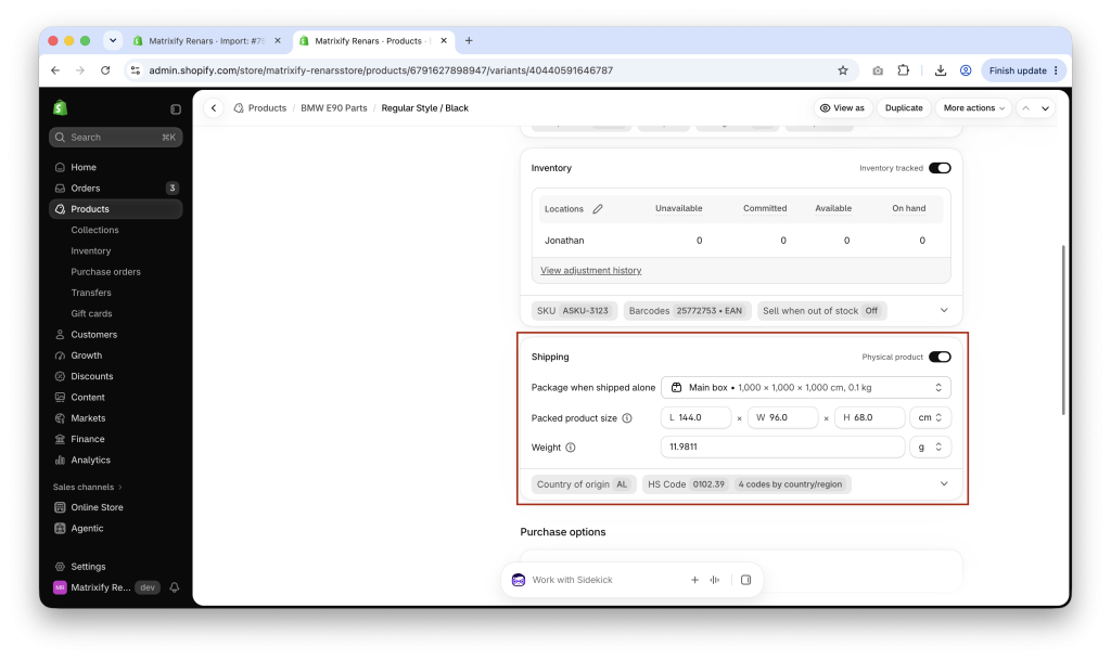 Shopify Admin Variant Shipping section with packed product size and weight updated in bulk