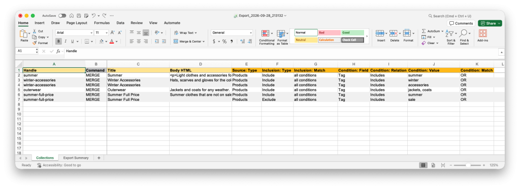 Excel file to import Shopify Collections by Product Tag with Matrixify Collections sheet columns