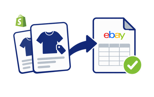 Shopify product data exported to eBay, shown with both platform logos.