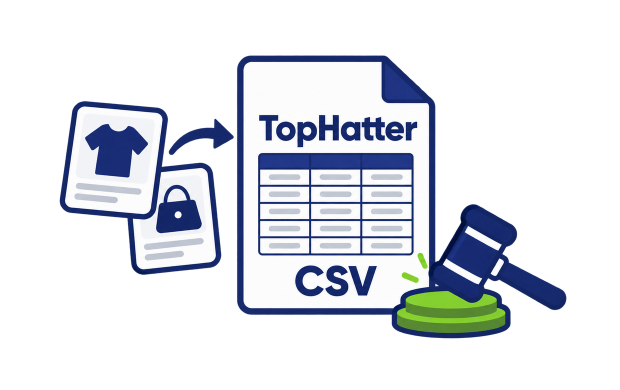 Shopify products exported to a TopHatter CSV file for auction listings.