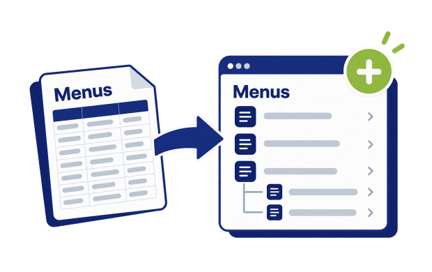 Spreadsheet data imported to create Shopify navigation menus with nested menu items.