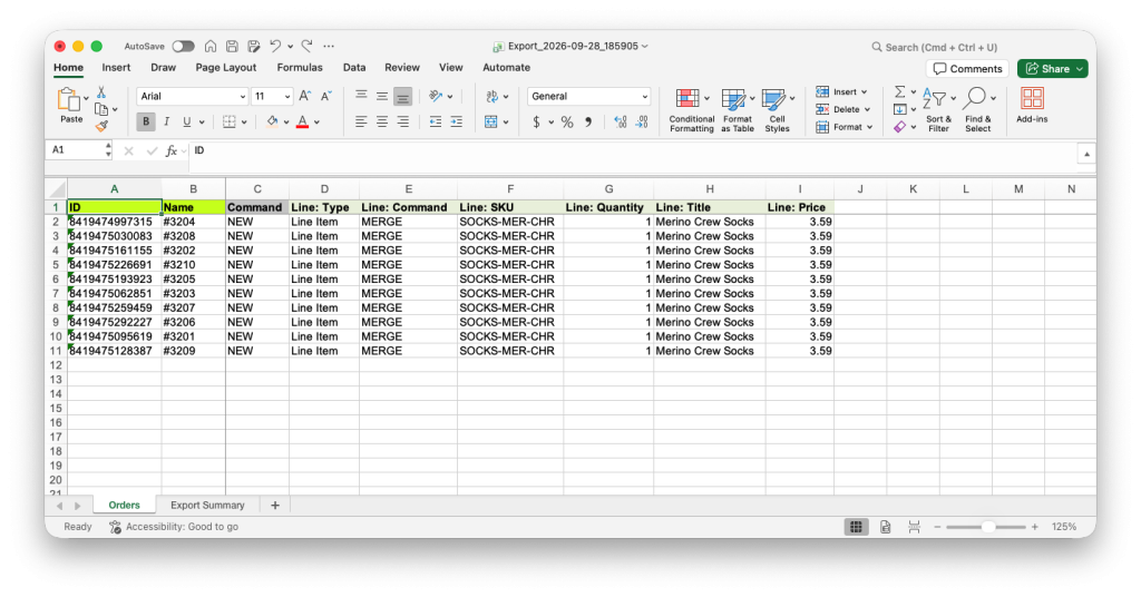Excel file with Line: Command set to MERGE to bulk add Line Items to Shopify Orders