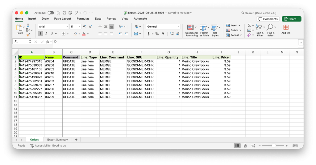 Excel file with Line: Command set to MERGE to bulk add Line Items to Shopify Orders final edit file