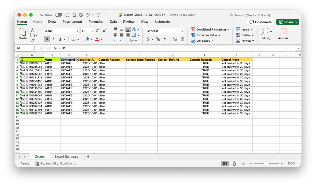 Excel file with cancel reason, restock and note columns to bulk cancel Shopify Orders