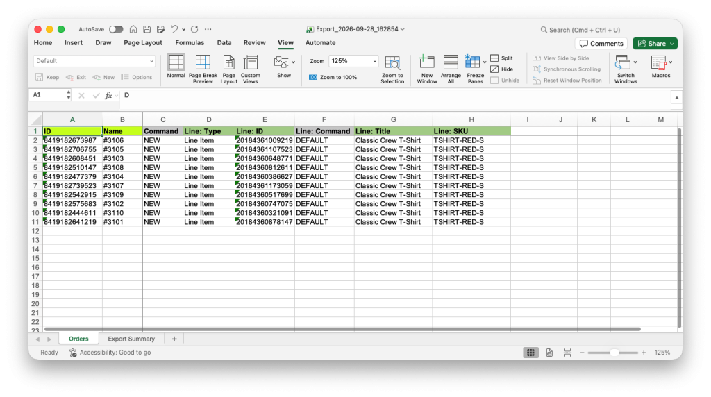 Exported Shopify Orders Excel file with Line Items to remove filtered by SKU