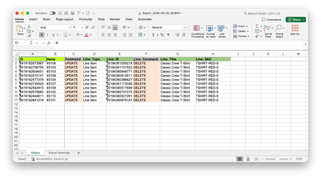 Excel file with Line: Command set to DELETE to bulk remove Line Items from Shopify Orders