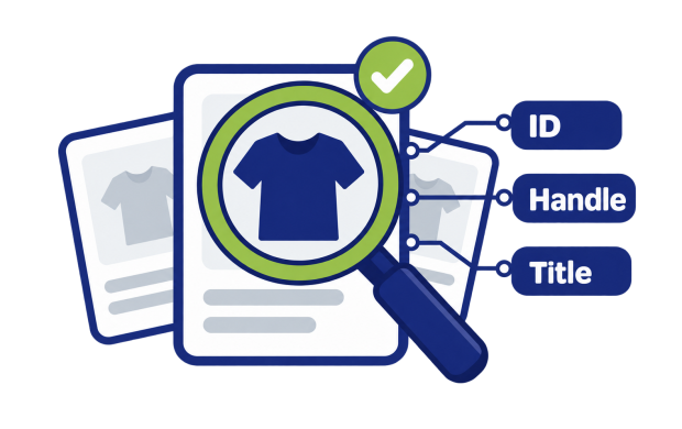 Magnifying glass highlighting a Shopify product matched by ID, Handle or Title during a Matrixify import.