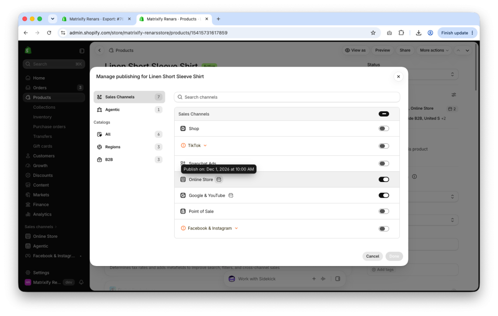Shopify product scheduled to publish in Online Store at future date