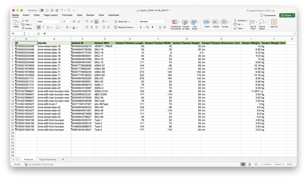 Excel file to bulk edit Shopify Product weight, length, width and height