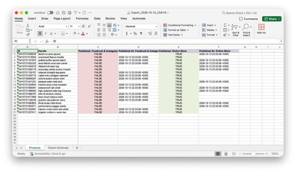 Excel file to bulk publish and unpublish Shopify Products on sales channels