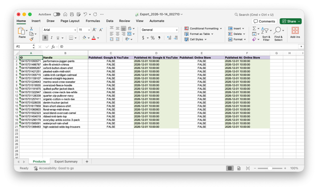Excel file to bulk schedule Shopify Products publish date on Online Store and Google & YouTube