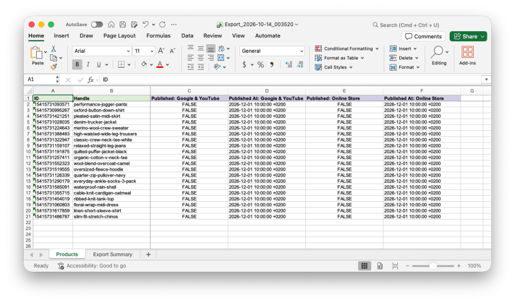 List of scheduled Shopify Products with publish dates exported to Excel