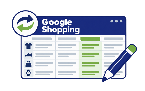 Google Shopping product fields updated through a spreadsheet export and import.