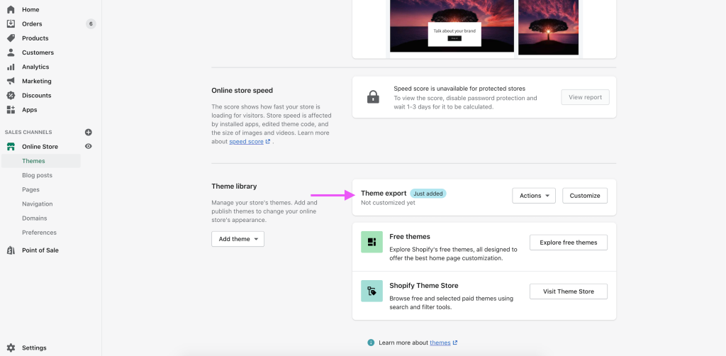 uploaded and migrated theme file in Shopify admin