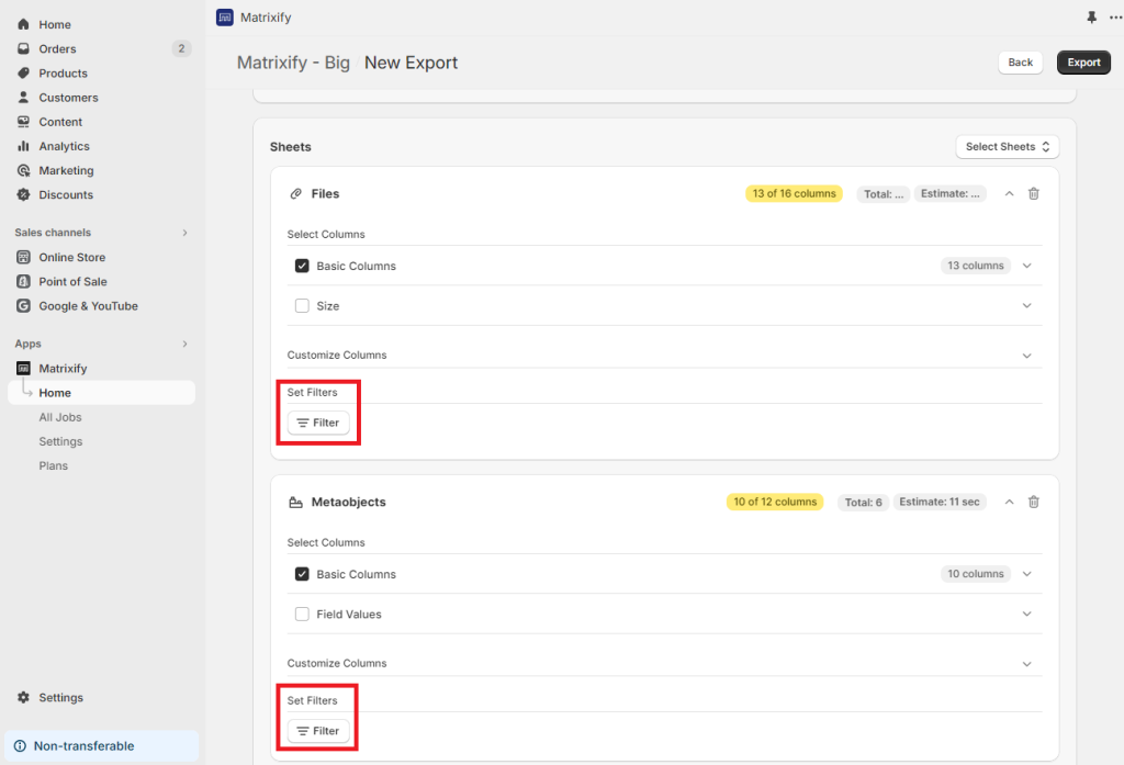 where to locate filter in the Matrixify app - export data backup Shopify CSV XLSX
